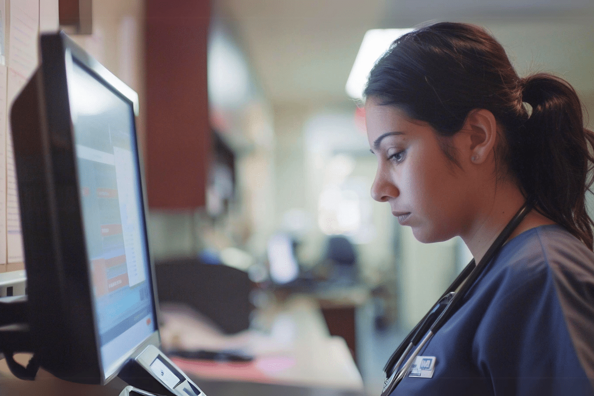 female nurse looking at a computer screen