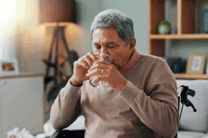 An older adult in a wheelchair drinks a glass of water.
