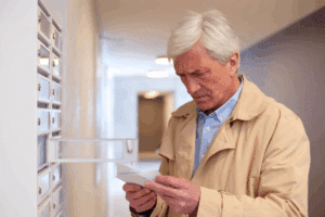 Older adult holding a paper check at his mailbox