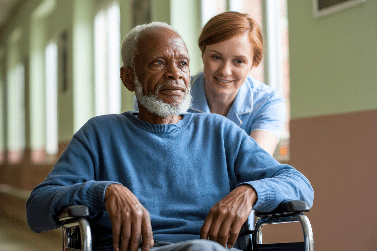 Veteran pushed in a wheelchair by a smiling nurse