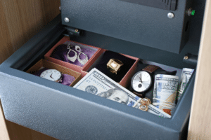 personal belongings in an open safe