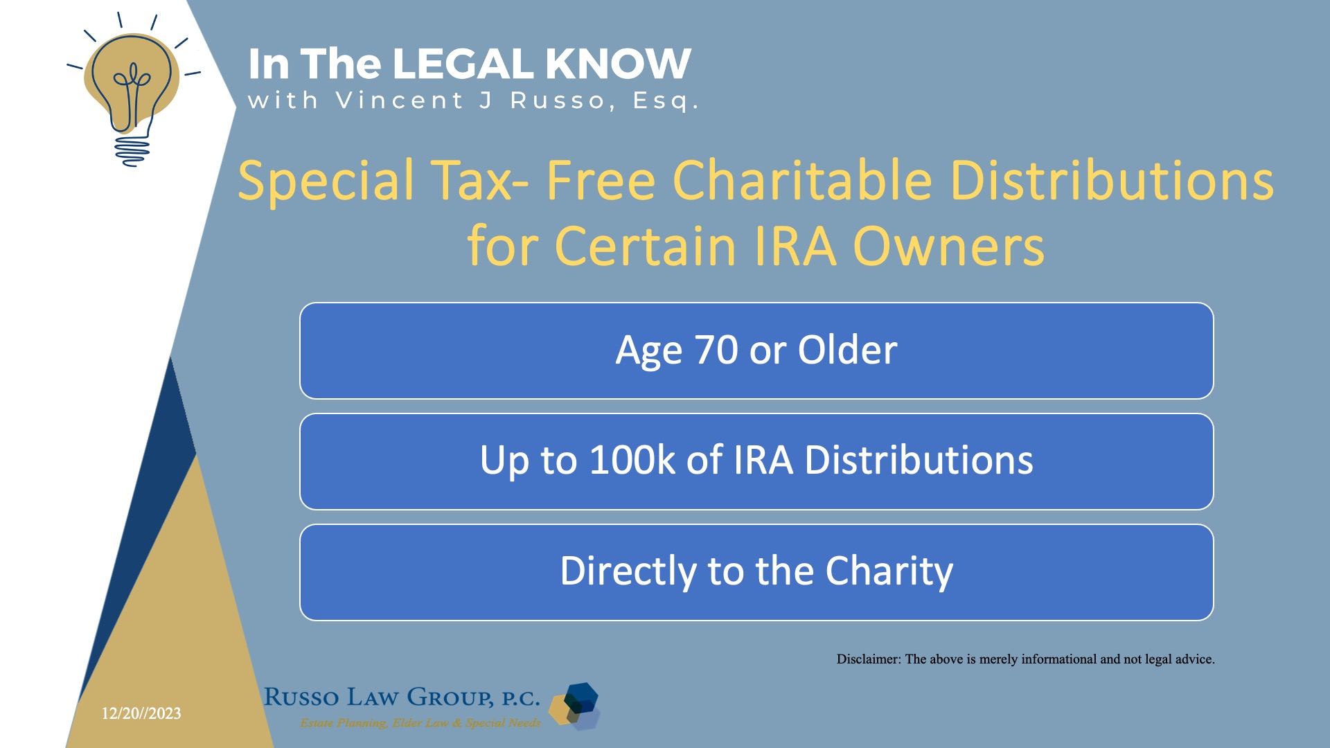 Special Tax Free Charitable Distributions